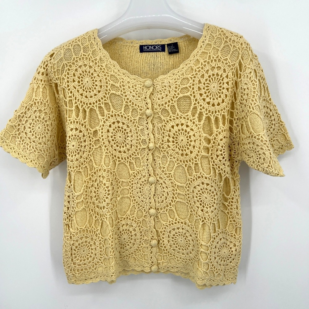 Vintage Honors Crochet Short Sleeve Cardigan Lemon Butter Yellow SILK Size L
